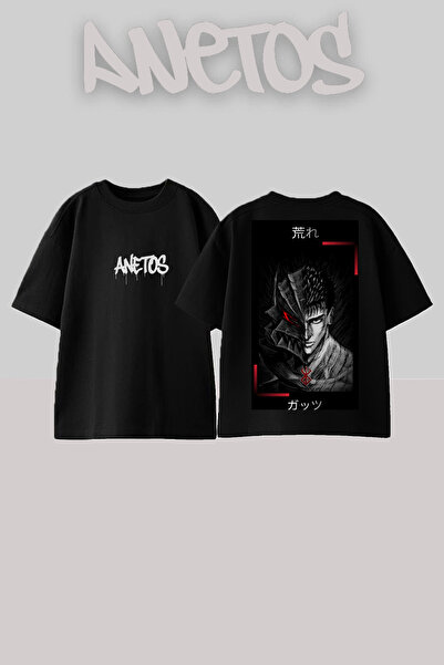 Anetos Berserk 4 Design Spate cu imprimeu Bumbac Negru supradimensionat tricou