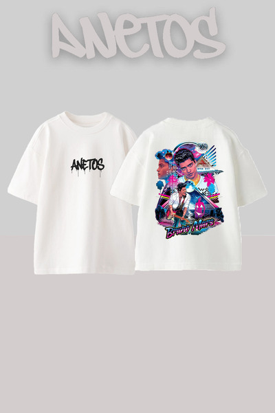 Anetos Bruno Mars 3 Design Back cu imprimeu Bumbac Alb supradimensionat tricou