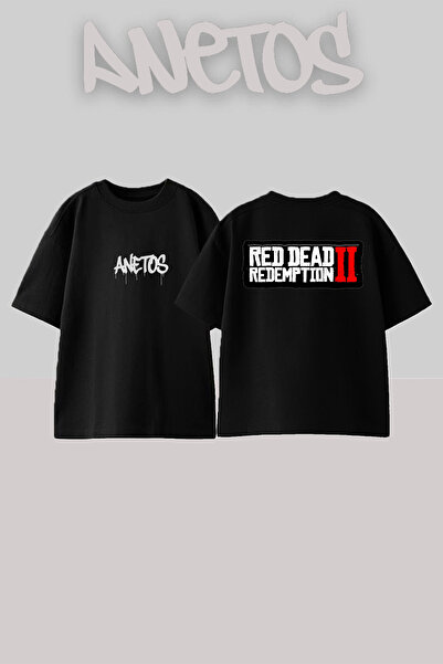 Anetos Rdr2 Tasarım Sırt Baskılı Pamuk Siyah Oversize T-shirt