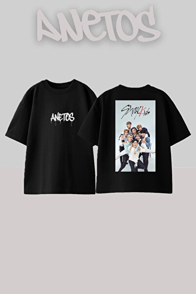 Anetos Μπλουζάκι Stray Kids Design με τύπωμα Cotton Black oversized
