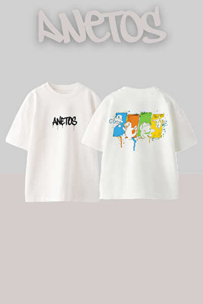 Anetos Pokemon Design Back Printed Cotton White Oversize T-Shirt