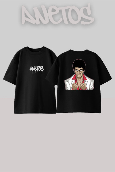 Anetos Scarface 13 Design Back cu imprimeu Bumbac Negru supradimensionat tricou
