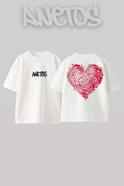 Anetos Μπλουζάκι Heart Trace Design Back B με τύπωμα Cotton White O oversized