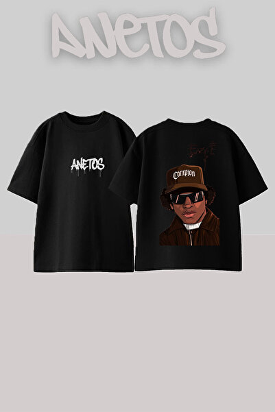 Anetos Eazy 1 Design Spate cu imprimeu Bumbac Negru supradimensionat tricou