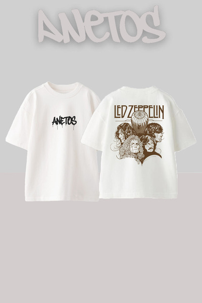 Anetos Led Zeppelin 1 Design Spate cu imprimeu Bumbac Alb supradimensionat tr...