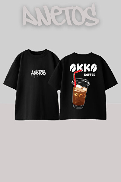 Anetos Okko Coffe Design Rucsac cu imprimeu Bumbac Negru supradimensionat tricou