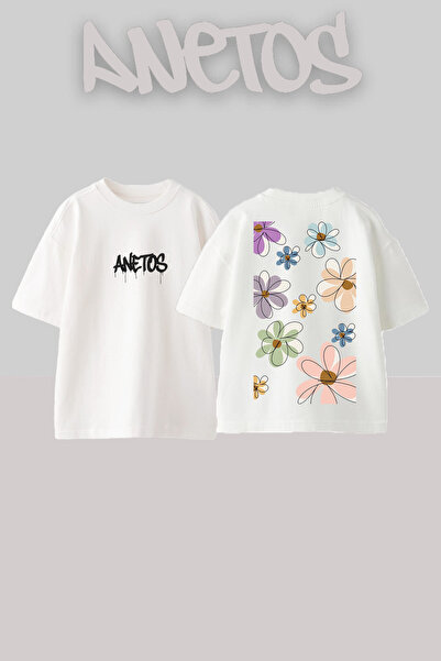 Anetos Μπλουζάκι Cicekler Design Back με τύπωμα Cotton White oversized