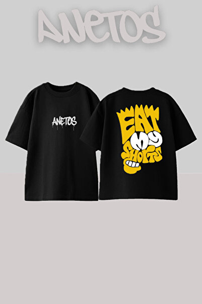 Anetos Simson 3 Design Spate cu imprimeu Bumbac Negru supradimensionat tricou