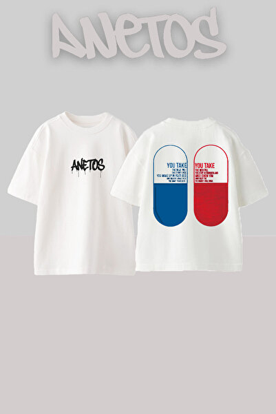 Anetos Matrix Design Spate cu imprimeu Bumbac Alb supradimensionat tricou