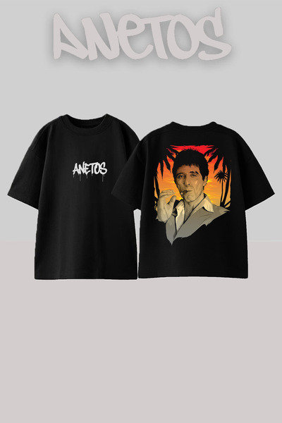 Anetos Tricou oversize negru din bumbac imprimat pe spate Scarface 3 Design