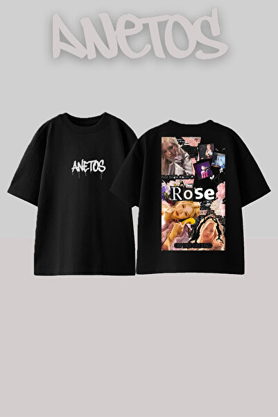 Anetos Blackpink Rose 4 Design Back cu imprimeu Bumbac Negru supradimensionat...