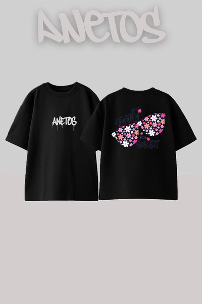 Anetos Prety Smart Design Back Printed Cotton Black Oversize T-Shirt