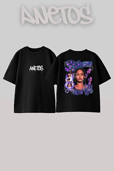 Anetos Rihanna 6 Design Back cu imprimeu Bumbac Negru supradimensionat tricou