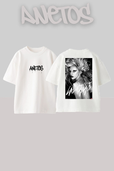 Anetos تي شيرت ليدي غاغا 2 ذو تصميم مطبوع على الظهر مصنوع من القطن الأبيض مقا...