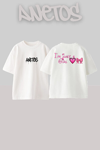 Anetos Im Just A Girl Design Rucsac cu imprimeu Bumbac Alb supradimensionat t...