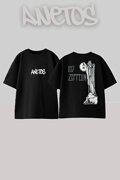 Anetos Led Zeppelin 4 Design Spate cu imprimeu Bumbac Negru supradimensionat ...