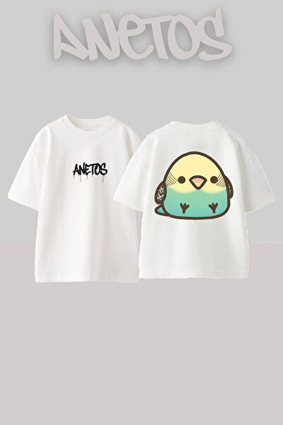 Anetos Obez Kuş Design Rucsac cu imprimeu Bumbac Alb supradimensionat tricou