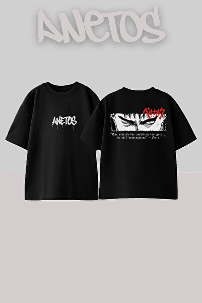 Anetos Berserk 13 Design Spate cu imprimeu Bumbac Negru supradimensionat tricou