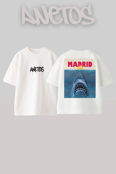 Anetos Shark Design Back cu imprimeu Bumbac Alb supradimensionat tricou