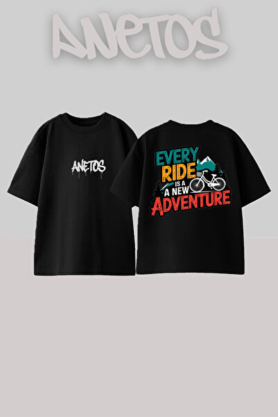 Anetos Ride 4 Design Rucsac cu imprimeu Bumbac Negru supradimensionat tricou