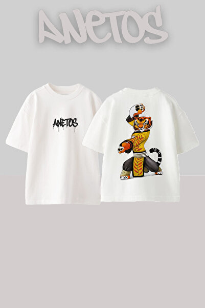 Anetos Samurai Tiger Design Spate cu imprimeu Bumbac Alb supradimensionat tricou