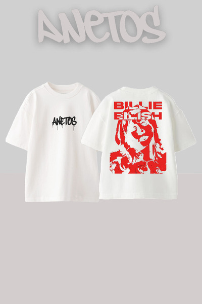 Anetos تي شيرت بيلي إيليش 2 بتصميم خلفي من القطن الأبيض كبير الحجم
