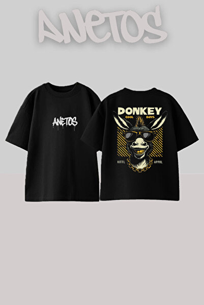 Anetos Donkey Design Rucsac cu imprimeu Bumbac Negru supradimensionat tricou