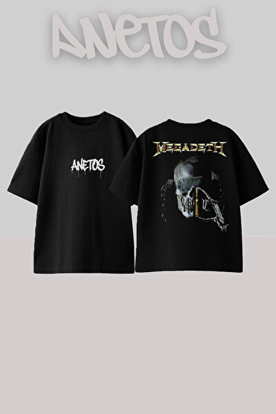 Anetos Megadeth 18 Design Back cu imprimeu Bumbac Negru supradimensionat tricou