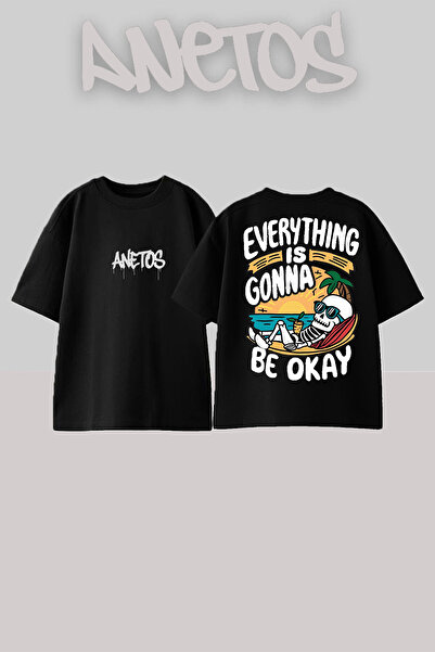 Anetos Tricou oversize negru din bumbac imprimat pe spate