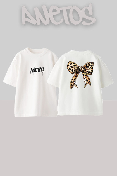 Anetos Лента с леопардов принт 1 Дизайн Отзад Отпечатана Памучна Бяла Оверсай...