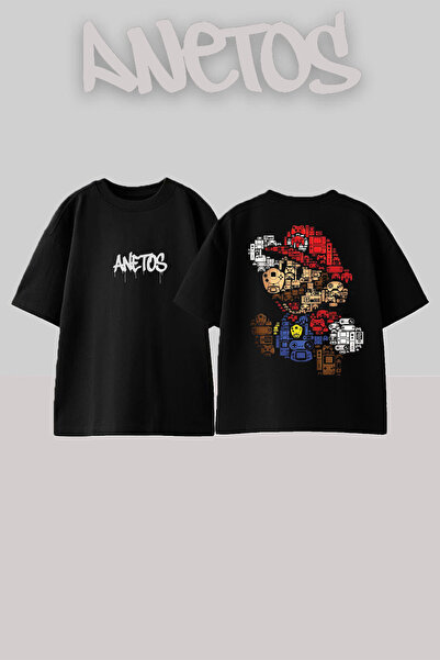 Anetos Μπλουζάκι Mario 1 Design Back με τύπωμα Cotton Black oversized