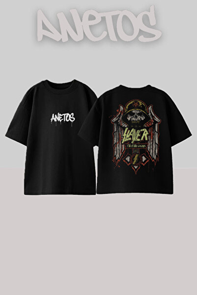 Anetos Slayer 6 Design Back cu imprimeu Bumbac Negru supradimensionat tricou
