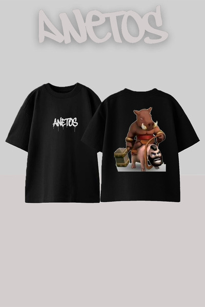 Anetos Rucsac Rider Pig Design cu imprimeu Bumbac Negru supradimensionat tricou