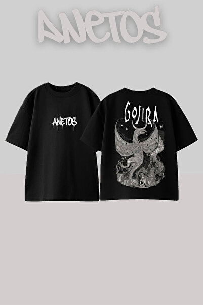 Anetos Gojıra 3 Design Spate cu imprimeu Bumbac Negru supradimensionat tricou