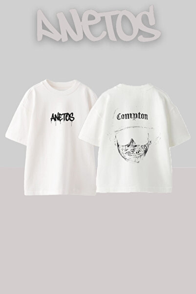 Anetos Compton Design Spate cu imprimeu Bumbac Alb supradimensionat tricou