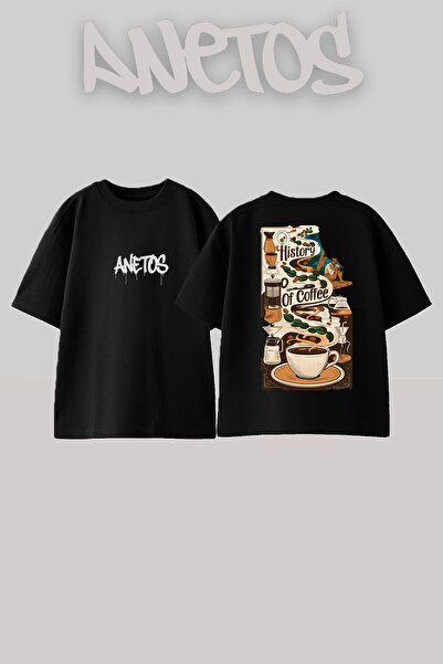 Anetos Μπλούζα Coffe 2 Σχεδίαση με τύπωμα στην πλάτη από βαμβάκι Μαύρη oversized
