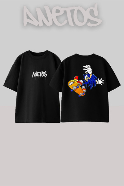 Anetos تي شيرت أسود كبير الحجم من القطن مطبوع عليه تصميم سونيك