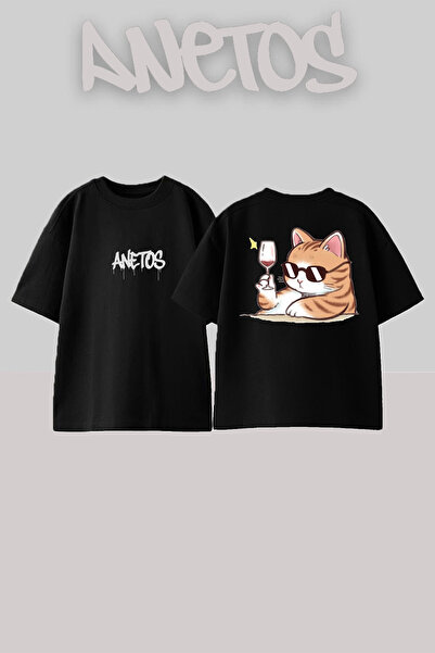 Anetos Cool Cat Design Spate cu imprimeu Bumbac Negru supradimensionat tricou