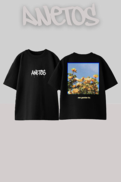 Anetos Cicekler 4 Design Spate cu imprimeu Bumbac Negru supradimensionat tricou