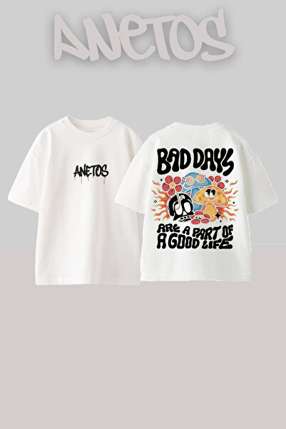 Anetos Μπλουζάκι Bad Days Σχεδίαση με τύπωμα στην Πλάτη από Βαμβάκι Λευκό Oversize
