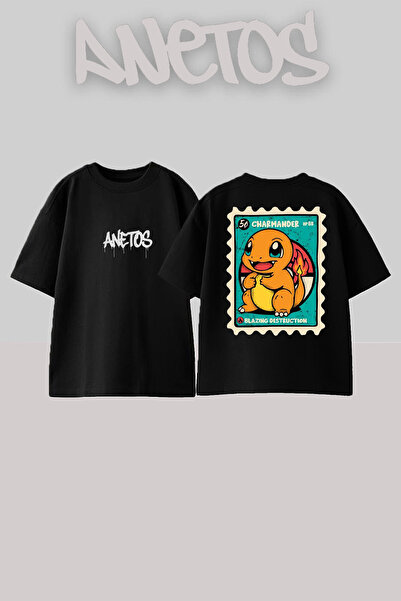 Anetos Pokemon 1 Design Spate cu imprimeu Bumbac Negru supradimensionat tricou