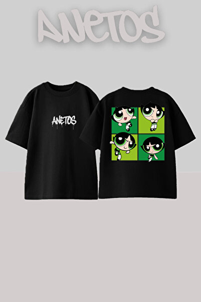 Anetos Power Pops Grıl Green Design Spate cu imprimeu Bumbac Negru supradimensionat tricou