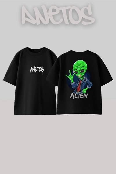 Anetos Μπλουζάκι Alien Gang Design Back με τύπωμα Cotton Black oversized