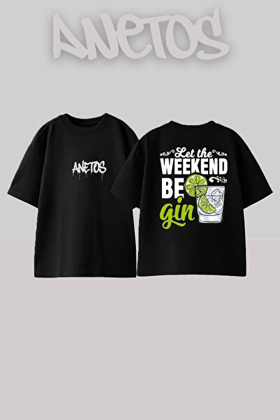 Anetos Gin Design Spate cu imprimeu Bumbac Negru supradimensionat tricou