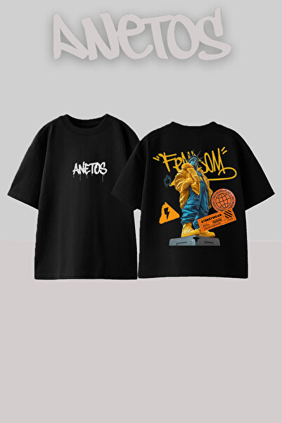 Anetos Fendom Design Spate cu imprimeu Bumbac Negru supradimensionat tricou