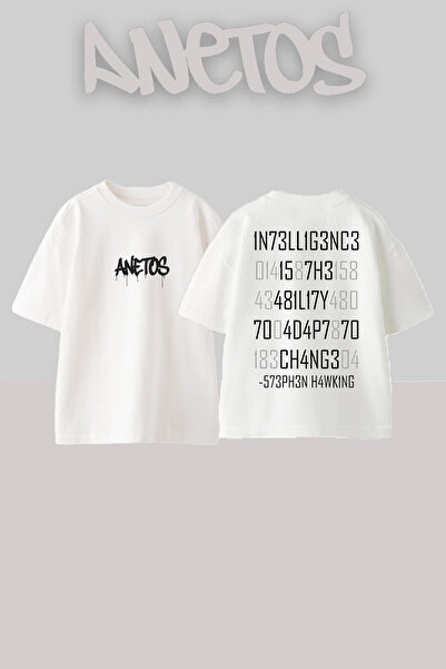 Anetos تي شيرت أبيض كبير الحجم من القطن مطبوع عليه تصميم ستيفن هوكينج