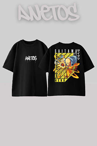 Anetos Saıtama Design Spate cu imprimeu Bumbac Negru supradimensionat tricou