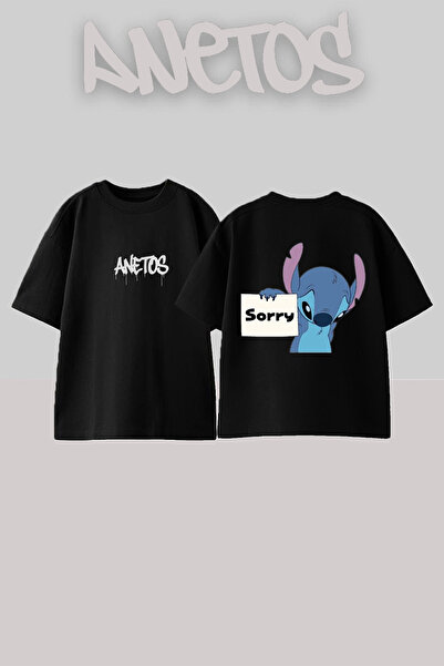 Anetos Sorry Sticth Design Rucsac cu imprimeu Bumbac Negru supradimensionat t...