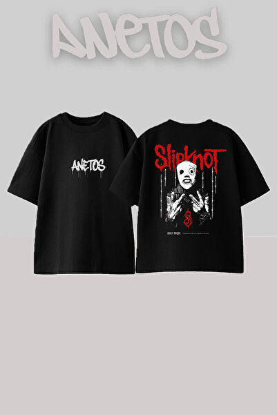 Anetos Slipknot 1 Design Spate cu imprimeu Bumbac Negru supradimensionat tricou