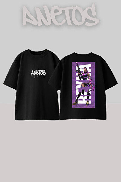 Anetos Reyna Design Spate cu imprimeu Bumbac Negru supradimensionat tricou